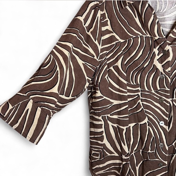 East 5th Brown Cream Zebra Print Linen Blend Button Down Shirt 1X - Picture 4 of 6